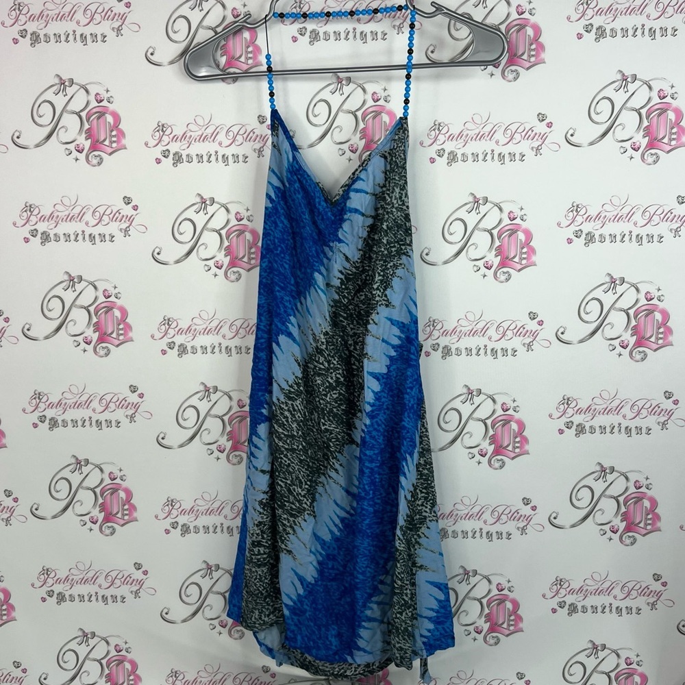 Dress beaded neckline tie dye tie up Blue and Black Strappy Dress
